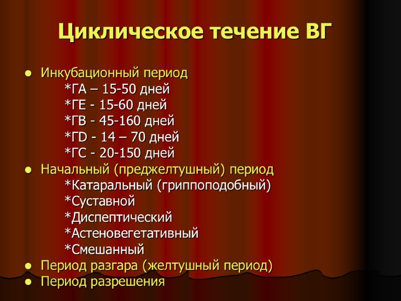 Циклическое течение ВГ Инкубационный период *ГА – 15-50 дней *ГЕ Циклическое течение ВГ Инкубационный период *ГА – 15-50 дней *ГЕ